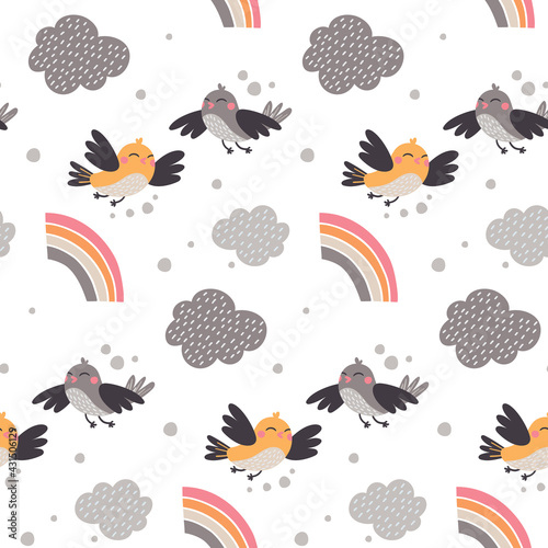 Vector cute seamless pattern with lovely birds, clouds and rainbow