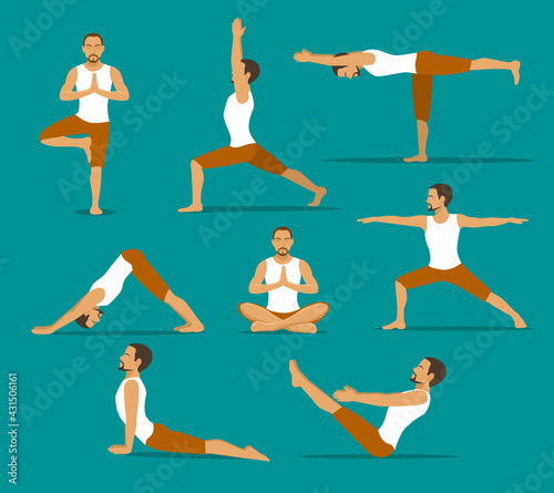 yoga workout. man in tree, lotus, boat,upwards and downwards facing dog pose, warrior one, two, three asanas