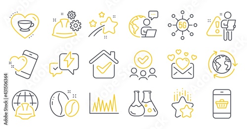 Set of Business icons, such as Approved group, Coffee beans, Global engineering symbols. Love mail, Line graph, Outsourcing signs. Love coffee, 5g technology, Heart. Working process. Vector