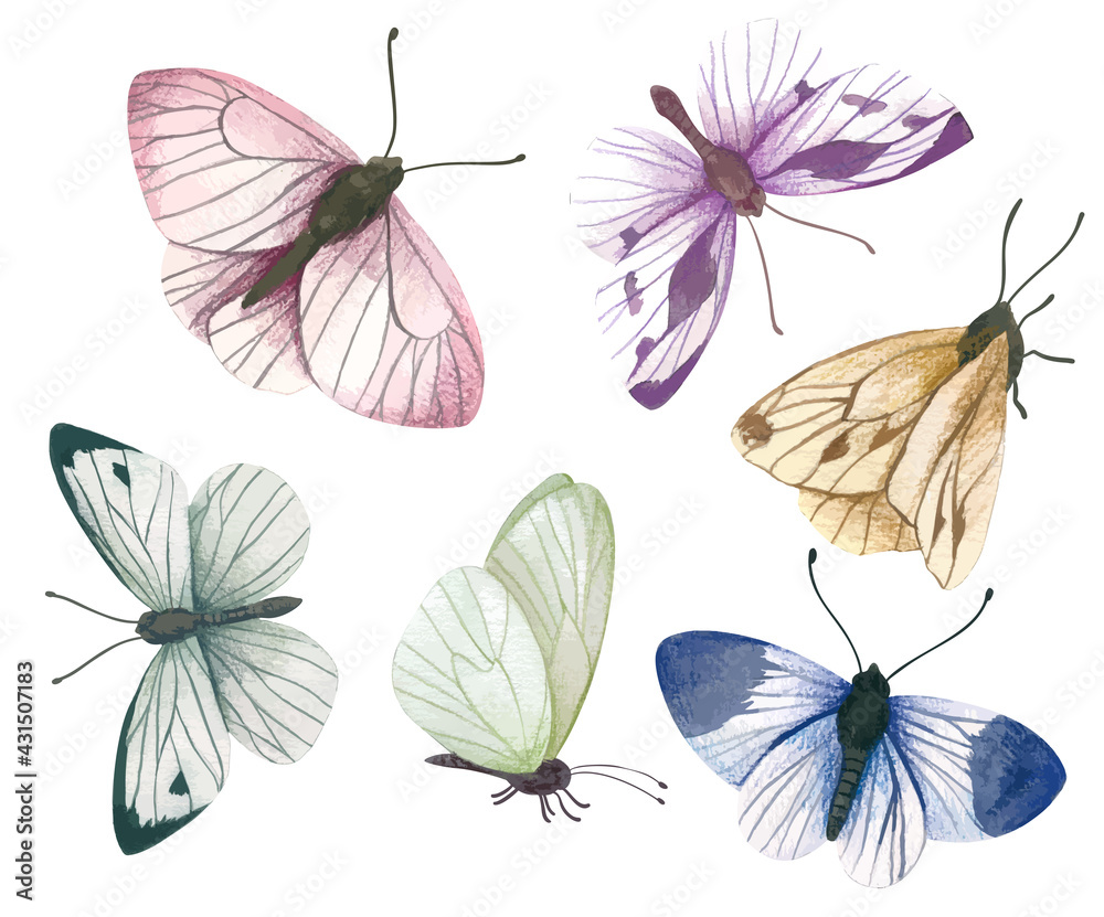 Set of six pastel butterflies, hand drawn vector