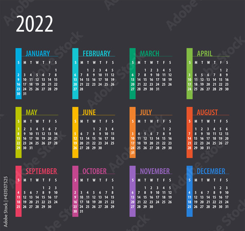 2022 Calendar - illustration. Template. Mock up. Week starts on Sunday
