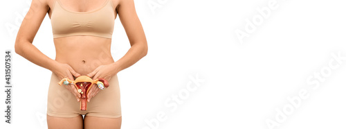 Gynecology  female intimate health. Woman holding model of vagina and ovaries. Treatment uterus  female fertility