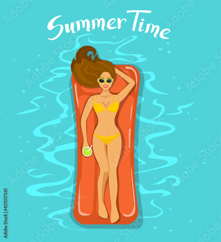 woman floating on inflatable mattress in the pool, top view from above