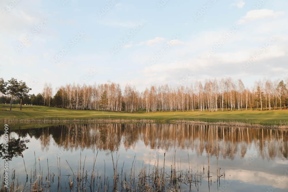 Beautiful colorful summer or spring natural landscape with a lake surrounded by green field and trees in sunlight