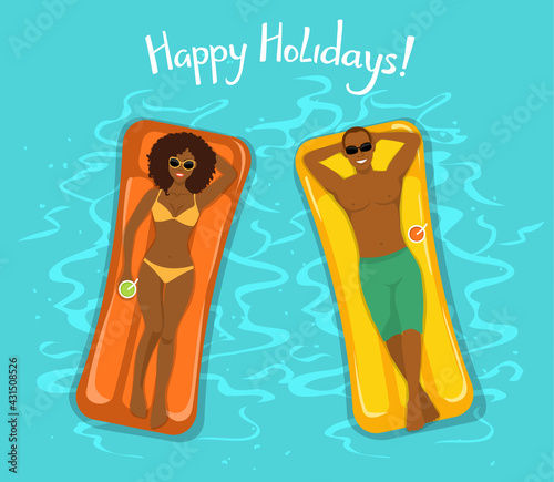 Couple sunbathing top view. Man and woman swimming on inflatable mattress in the pool. Beach time vector illustration