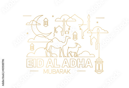 Eid al-Adha vector illustration. Muslim holiday Eid al-Adha. sacrifice ram white and black sheep. graphic design decoration kurban bayrami. month lamb and lamp.Translation from Arabic: Eid al-Adha