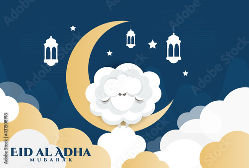 Eid al-Adha vector illustration. Muslim holiday Eid al-Adha. sacrifice ram white and black sheep. graphic design decoration kurban bayrami. month lamb and lamp.Translation from Arabic: Eid al-Adha