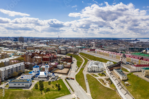 a panoramic view of a large ancient Kremlin-fortress on a sunny day in the old part of Kazan filmed from a drone 