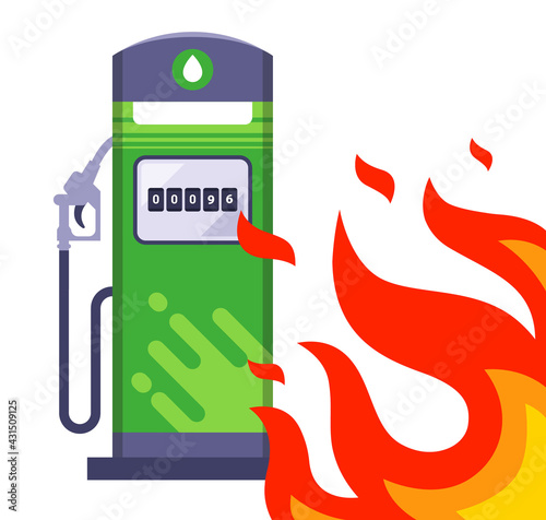 big fire next to the gas station. through the sound situation next to the gas station. flat vector illustration.