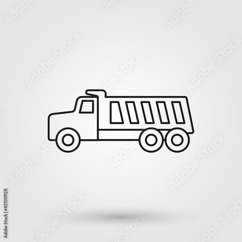 Dump truck icon in line design style. Construction machinery symbol.