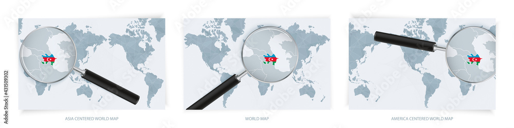 Blue Abstract World Maps with magnifying glass on map of Azerbaijan with the national flag of Azerbaijan. Three version of World Map. Blue Abstract World Maps with magnifying glass on map of Azerbaijan with the national flag of Azerbaijan. Three version of World Map.