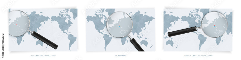 Blue Abstract World Maps with magnifying glass on map of Luxembourg with the national flag of Luxembourg. Three version of World Map. Blue Abstract World Maps with magnifying glass on map of Luxembourg with the national flag of Luxembourg. Three version of World Map.