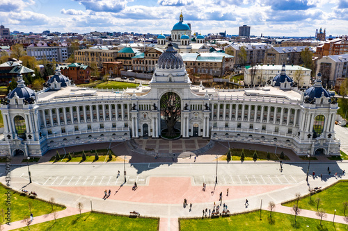 a panoramic view of the beautiful architectural buildings and solutions of the park and the Volga river in the old district of Kazan filmed from a drone  photo