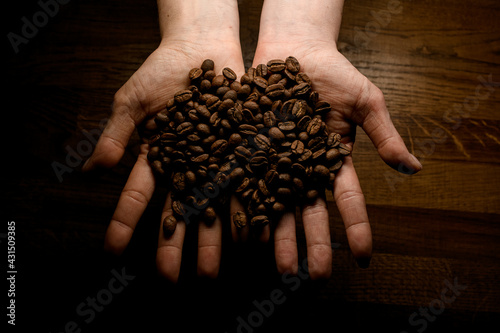 top view of female hands holding coffee beans against background wooden surface