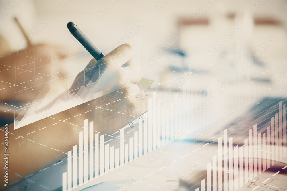 Double exposure of forex graph drawing over people taking notes background. Concept of financial analysis Double exposure of forex graph drawing over people taking notes background. Concept of financial analysis