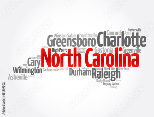 List of cities in North Carolina USA state, map silhouette word cloud map concept background