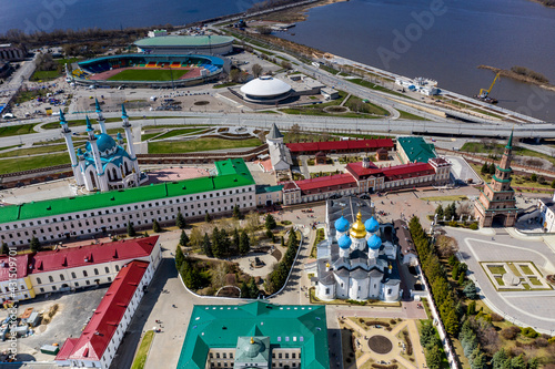 a panoramic view of a large ancient Kremlin-fortress on a sunny day in the old part of Kazan filmed from a drone  © константин константи