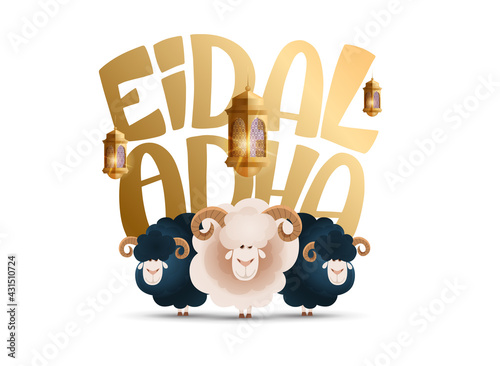 Eid al-Adha vector illustration. Muslim holiday Eid al-Adha. sacrifice ram white and black sheep. graphic design decoration kurban bayrami. month lamb and lamp.Translation from Arabic: Eid al-Adha