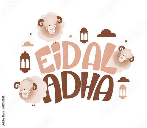 Eid al-Adha vector illustration. Muslim holiday Eid al-Adha. sacrifice ram white and black sheep. graphic design decoration kurban bayrami. month lamb and lamp.Translation from Arabic: Eid al-Adha