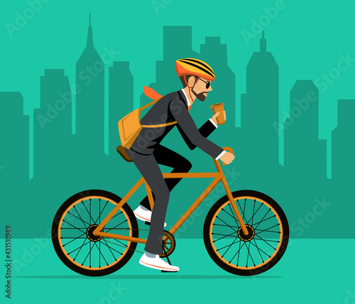 Cool male businessman  riding bicycle to office. Eco friendly trendy city bike to work