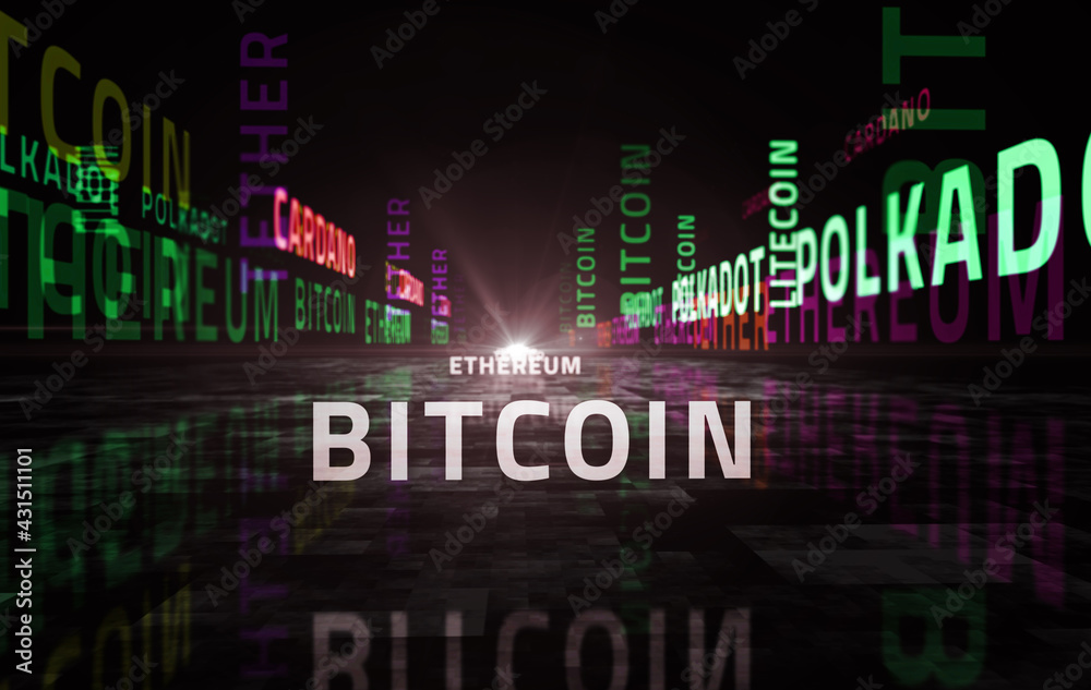 Bitcoin ethereum and tether text abstract concept illustration