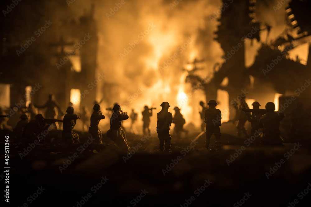 War Concept. Military silhouettes fighting scene on war fog sky background, World War Soldiers Silhouette Below Cloudy Skyline At night. Battle in ruined city. Selective focus