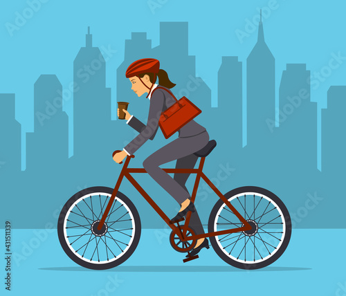 Cool businesswoman riding bicycle to office, drinking coffee to go on the way. Eco friendly trendy city bike to work graphic vector illustration