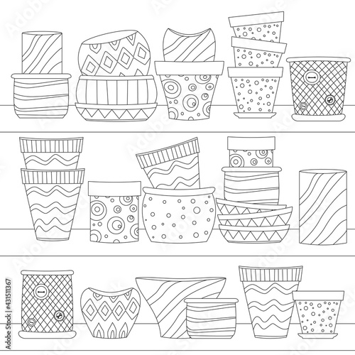 funny ceramic flowerpots on shelves for your coloring page