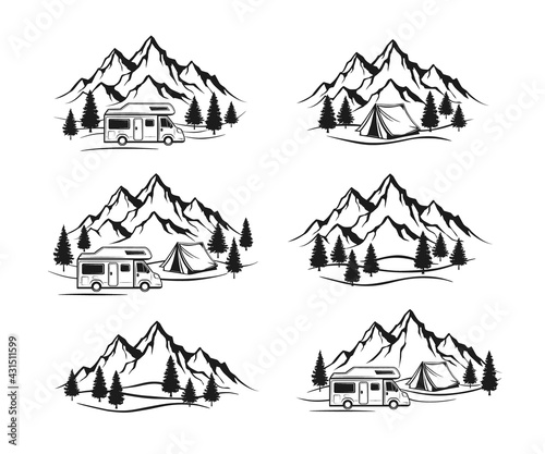 Campsite with camper caravan,  tent, rocky mountains, pine forest labels, emblems, badges elements Set