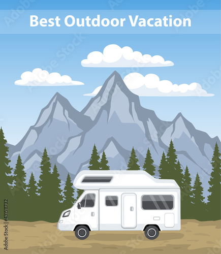 Family vacation Road trip .camper motorhome rv traveler  journey to mountains. Pine forest and rocks background
