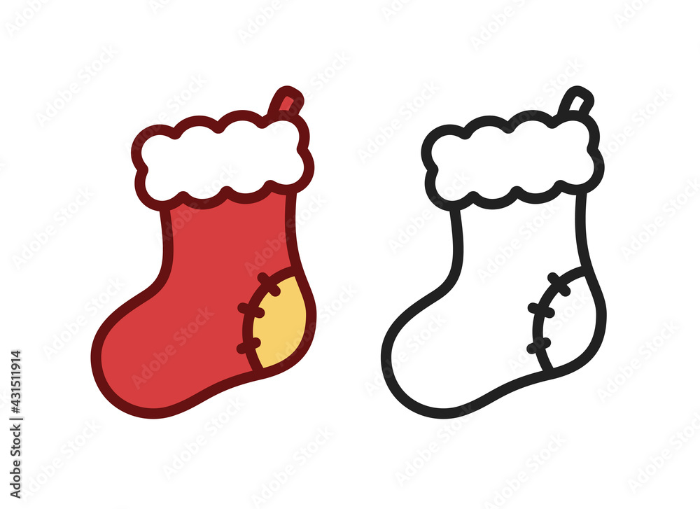 Christmas Santa red and white fluffy socks stockings cartoon doodle clip  art outline set. Simple flat logo icon, sign, symbol, print vector  illustration design isolated element on white background. Stock Vector