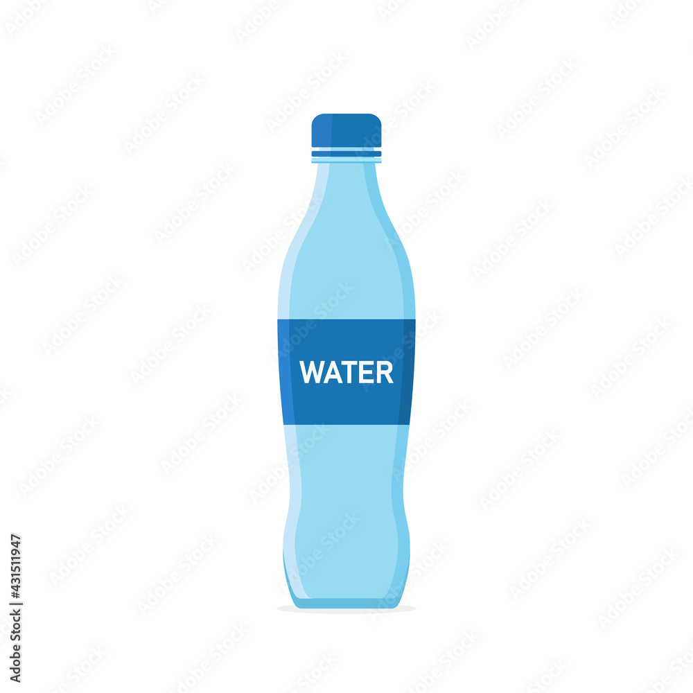 Water bottle. Icon of plastic or glass bottle with mineral water. Blue container with soda for drink. Healthy liquid for sport. Flat graphic symbol of fresh, cold, sparkling and ecology drink. Vector Water bottle. Icon of plastic or glass bottle with mineral water. Blue container with soda for drink. Healthy liquid for sport. Flat graphic symbol of fresh, cold, sparkling and ecology drink. Vector
