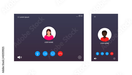 Video call ui for conference. Screen interface of chat, webinar, meeting. Template of online videocall with avatar, button for mobile, computer, laptop. Mockup for lecture, lesson, learning. Vector