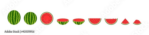 Red watermelon. Round, half, quarter and slice of watermelon. Cartoon icon of water melon. Cut of piece of fruit. Summer plant isolated on white background. Logo for food, juice and freshness. Vector