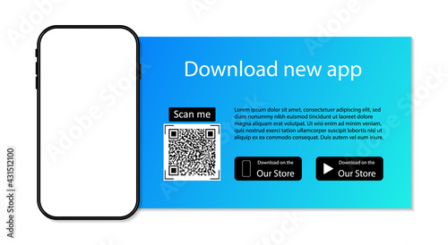 Download app to phone from store. Qr code for download of application. Advertising of smartphone app. Scan code, click button, upload and payment. Mockup of mobile on website. Elegant banner. Vector