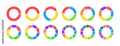 Arrow chart. Circle diagram with arrow. Color infographic piechart with flow repeat. Cycle statistics with step. From 1 to 12 arrow for options of presentation and progress. Update icon. Vector.