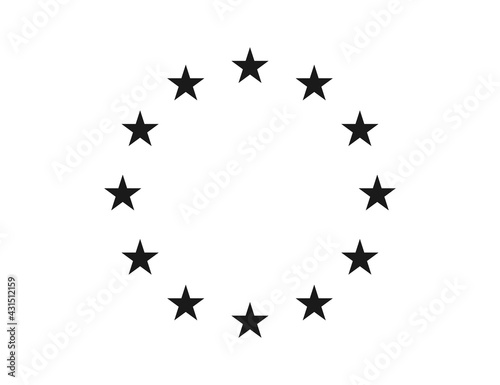Star icons in circle. Black european logos on white background. EU flag. 12 yellow stars for europe union. Badges of euro military  community  economic and council. Eurozone market. Vector