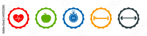 Icons of healthy life. Lifestyle with run, health eat, exercise in gym, dumbell and sleep. Measure weight and loss fat. Watch calories in eat. Infographic for fitness, heart and active body. Vector