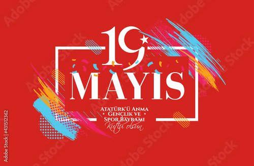 19 mayis Ataturk'u Anma, Genclik ve Spor Bayramiz , translation: 19 may Commemoration of Ataturk, Youth and Sports Day, graphic design to the Turkish holiday, children logo. vector illustration 