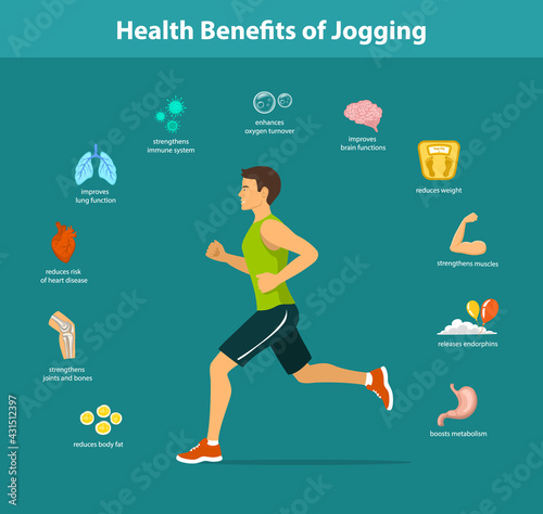 Man running vector illustration. Health benefits of jogging running, exercising infographics. Human health objects.
