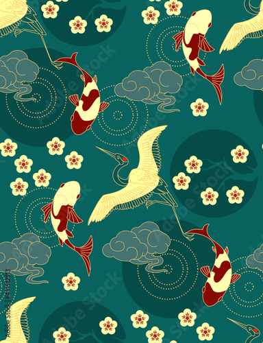 Chinese seamless pattern in traditional asian style. Cranes, koi fishes, flowers and clouds. China design