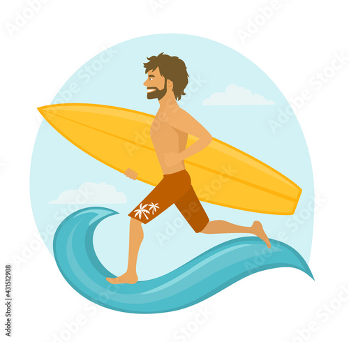 Man surfer running with surfboard