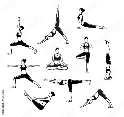  Yoga Workout. Silhouettes of a woman in Tree, headstand, Boat, Warrior one, two, three, downwards and upwards facing dog, lotus, headstand poses