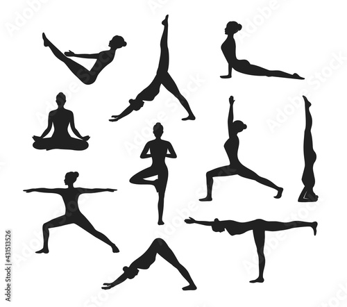 Yoga workout. Silhouettes of a woman in tree, sirsasana, boat, warrior one, two, three, downwards and upwards facing dog, lotus, headstand poses