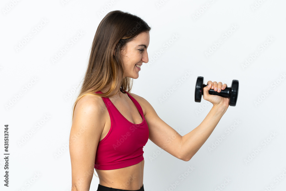 Sport woman making weightlifting isolated on white background with happy expression Sport woman making weightlifting isolated on white background with happy expression