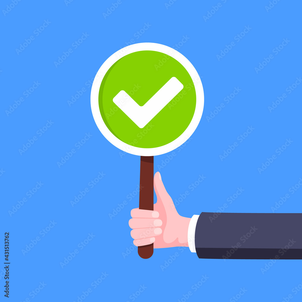 Hand hold check mark tick round banner plate business concept flat style design vector illustration. Demonstration placard banner or test choice voting dispute. Hand hold check mark tick round banner plate business concept flat style design vector illustration. Demonstration placard banner or test choice voting dispute.