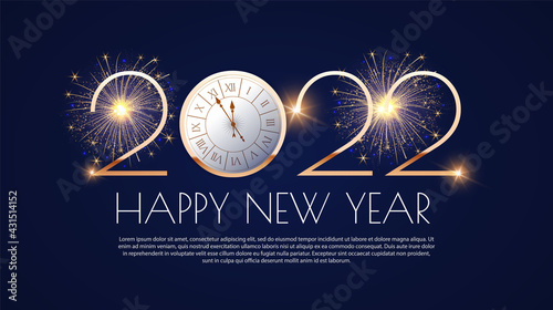 Happy new 2022 year Elegant gold text with light and clock. Minimalistic text template.