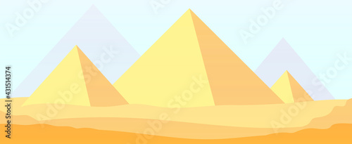 Egypt pyramids background. Ancient sunlight pyramid landscape  old history architecture. Flat cartoon egyptian desert utter vector panorama