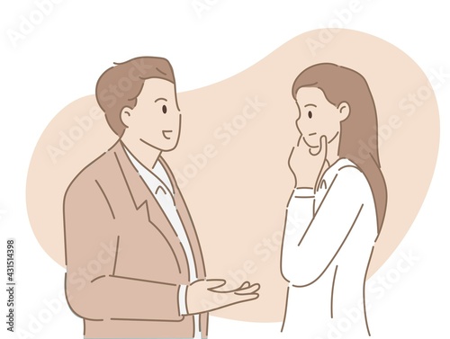 Business man talking or discuss with business woman. Business concept. Hand draw style. Vector illustration.