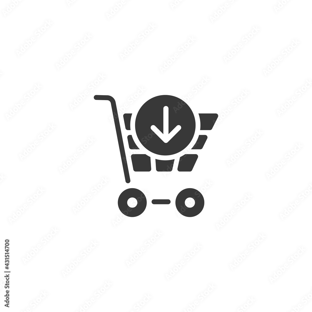 Shopping cart. Down arrow. Isolated icon. Commerce glyph vector illustration Shopping cart. Down arrow. Isolated icon. Commerce glyph vector illustration